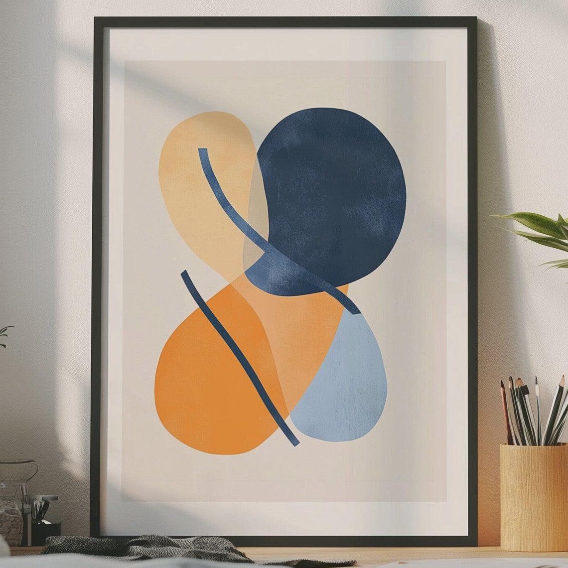Blue Orange Abstract Overlapping Shapes Modern Minimalist Poster