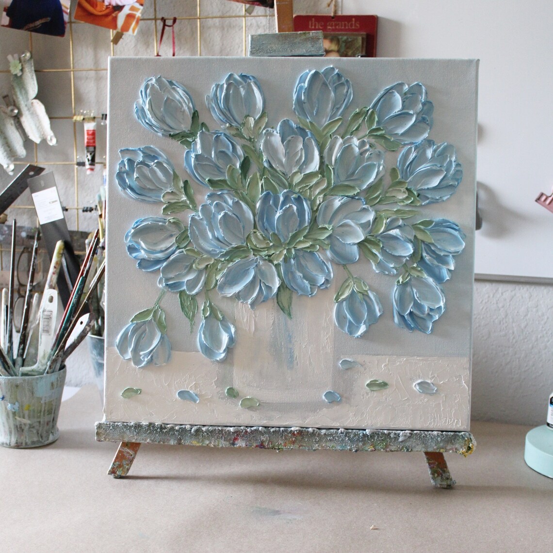 Custom Blue Tulips in a Vase, Oil Impasto Art Print - Image 4