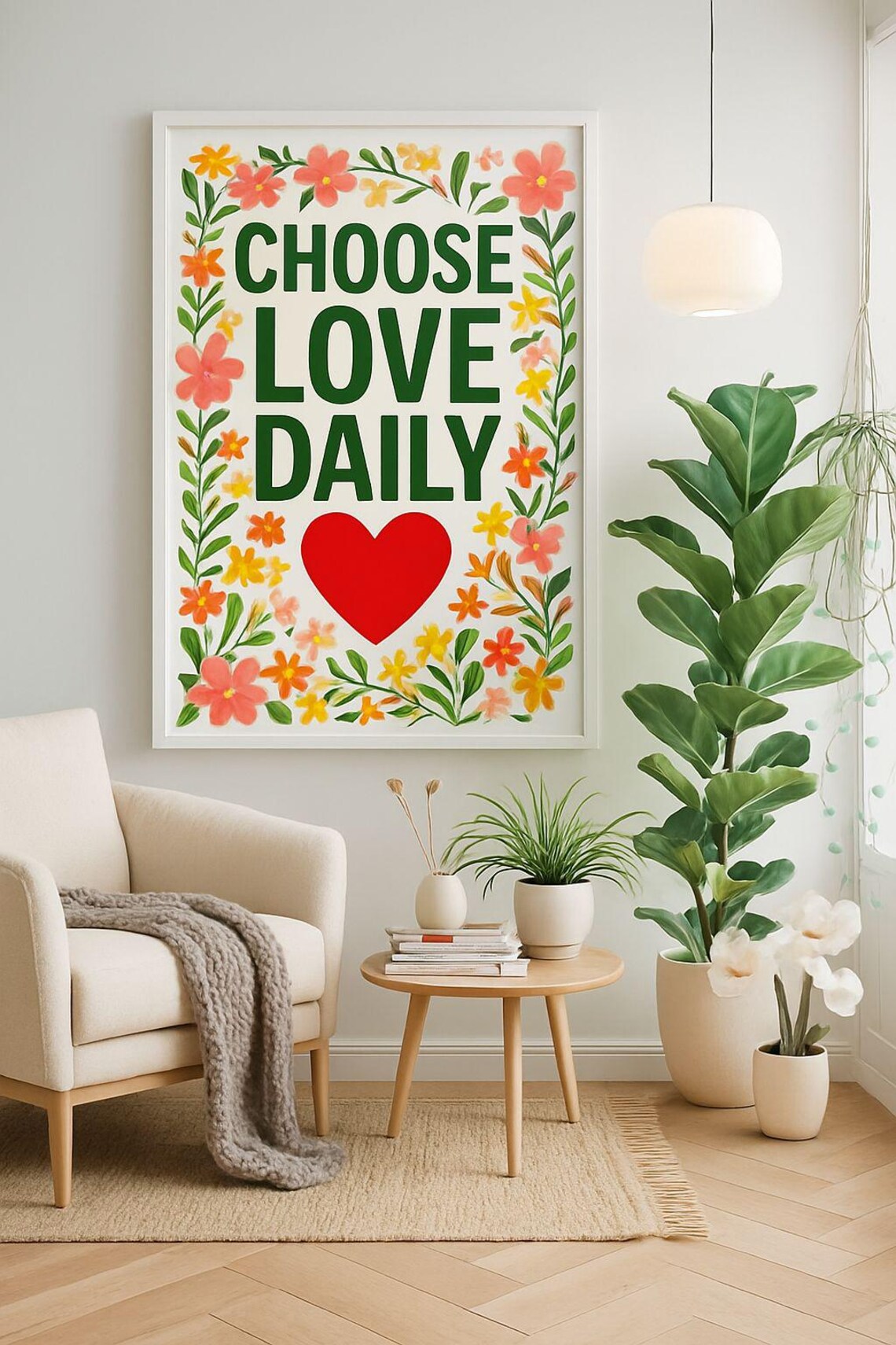 Choose Love Daily Floral Border Red Heart Typography Art Poster