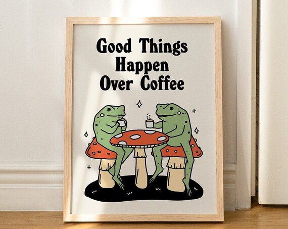 Frog Coffee Vintage Quote Illustration Kitchen Wall Art