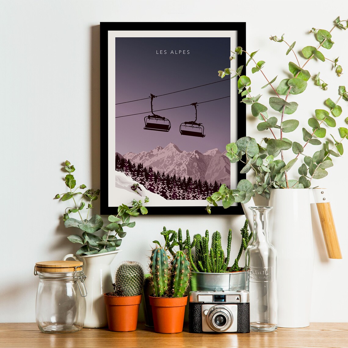 Les Alpes Chairlift Dusk Skier Powder Purple Ski Travel Poster - Image 3