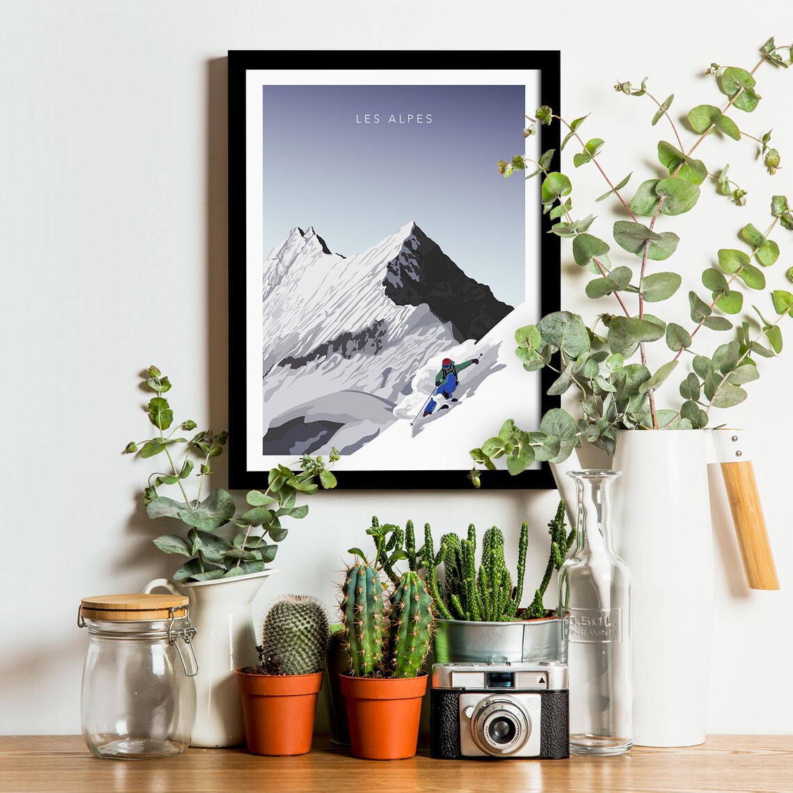 Les Alpes Downhill Skier Carving Fresh Snow Vintage Travel Poster - Image 3