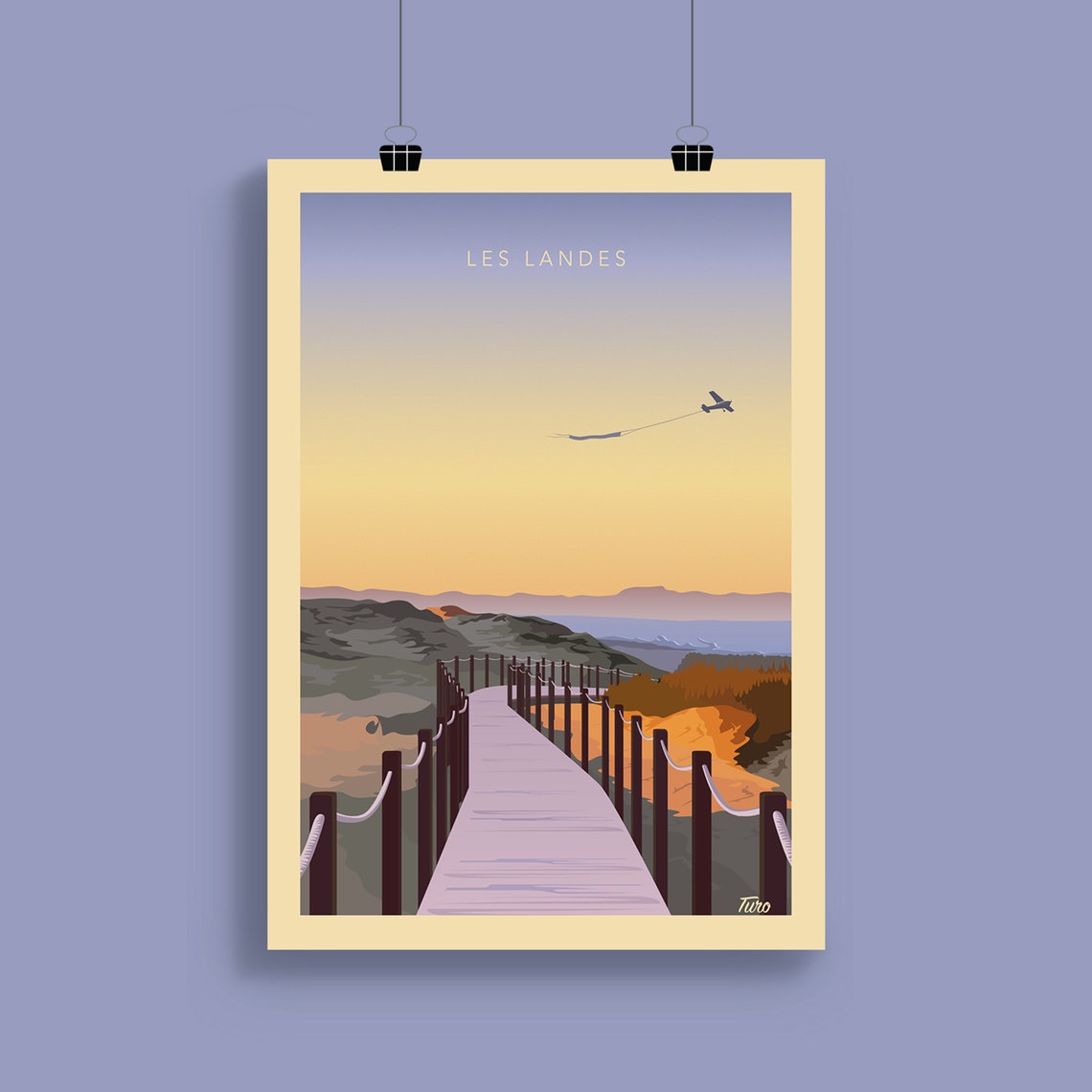 Les Landes Dune Boardwalk Sunset Airplane Banner Vintage Travel Poster - Image 2