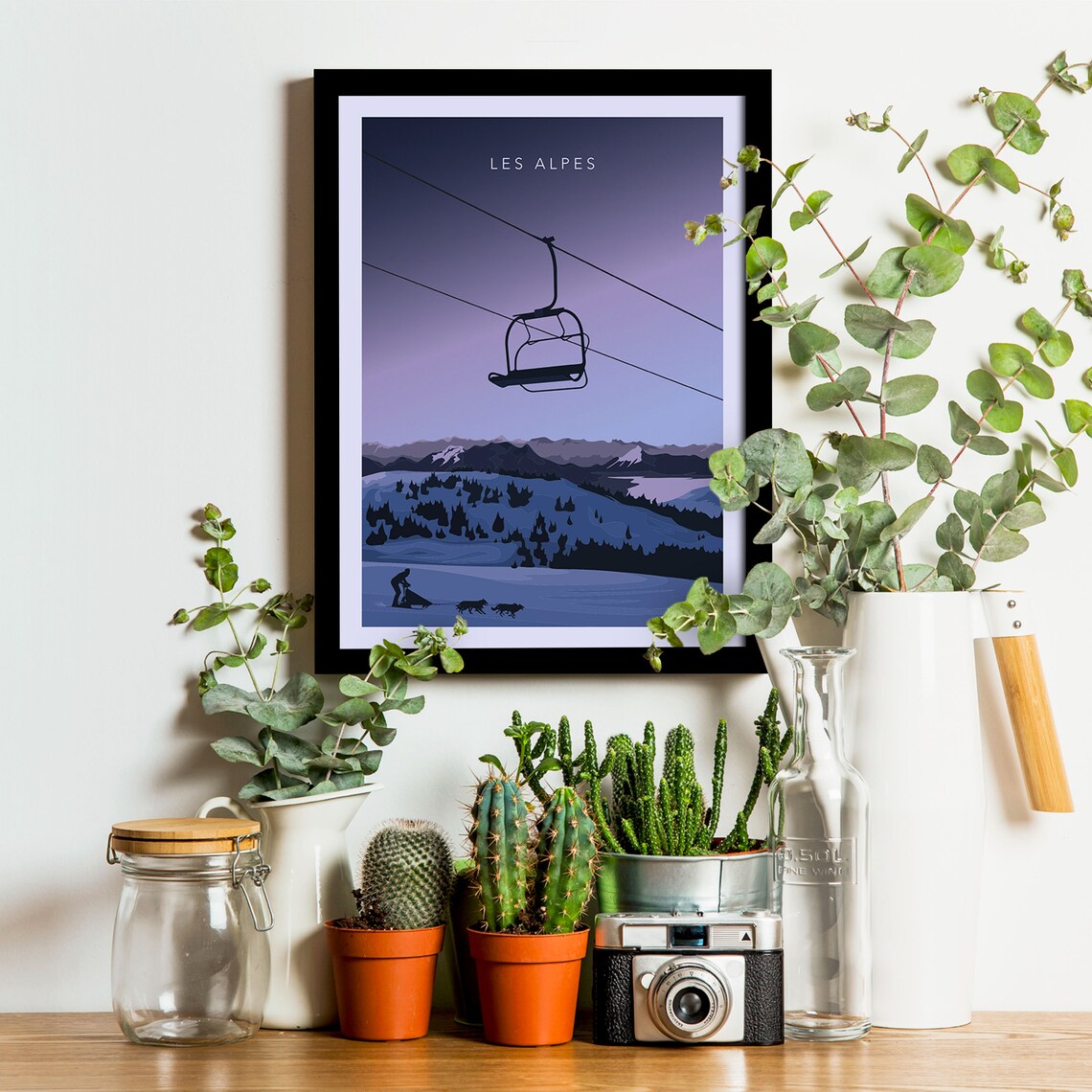 Les Alpes Chairlift Sled Dogs Musher Purple Dusk Travel Poster - Image 3