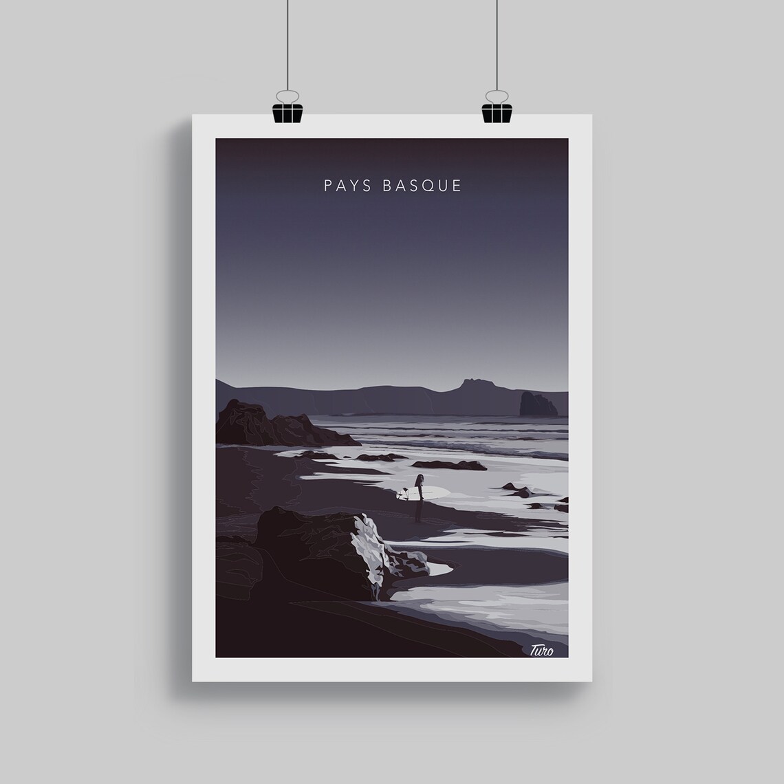 Pays Basque Surfer And Dog On Rocky Beach Night Travel Poster - Image 2