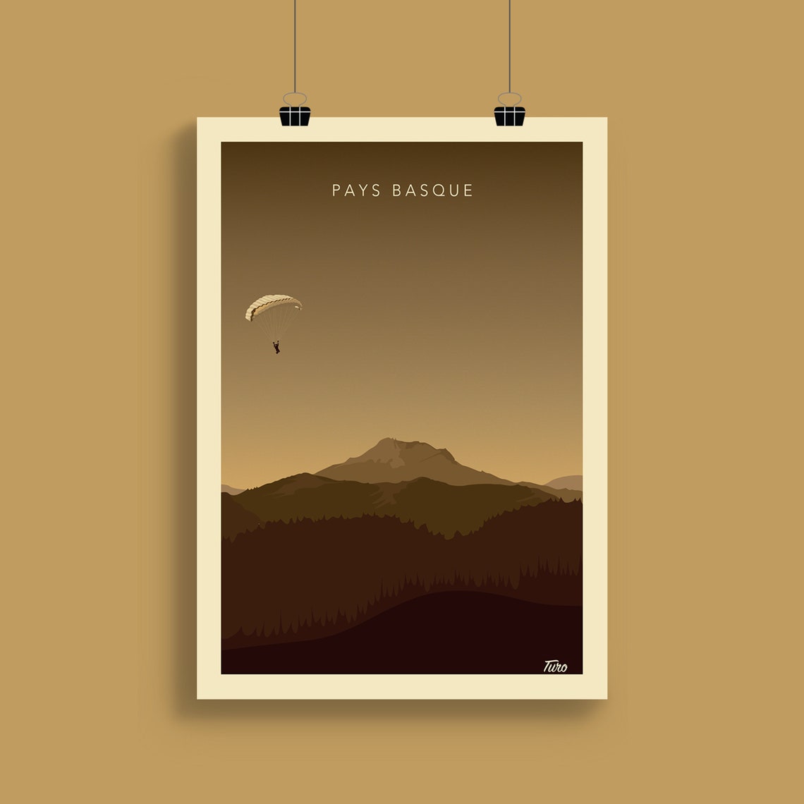 Pays Basque Paraglider Over Mountains In Sepia Travel Poster - Image 2