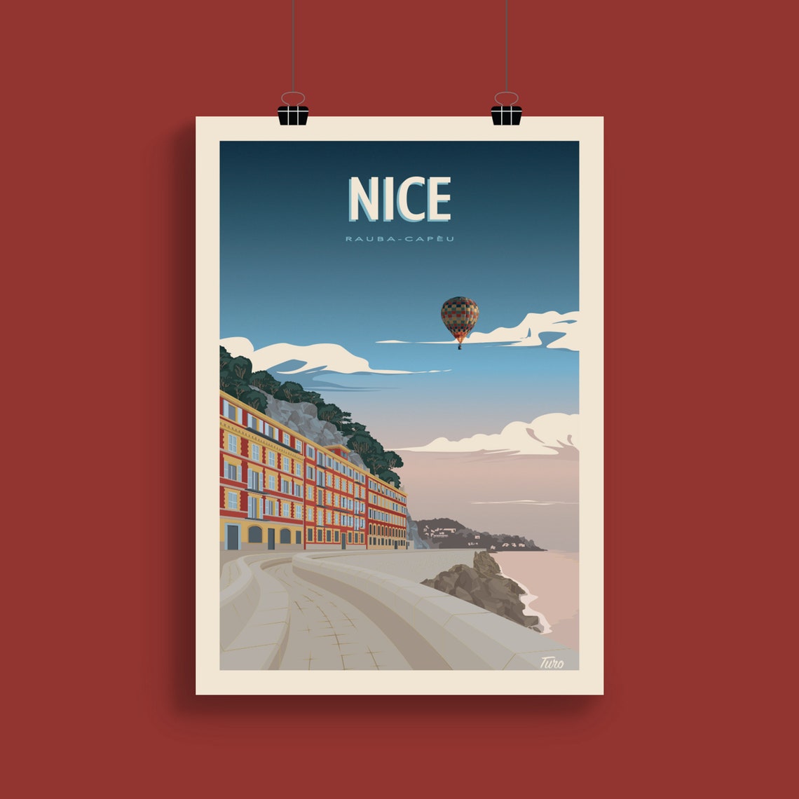 Nice Rauba Capeu Seafront Hot Air Balloon Vintage Travel Poster