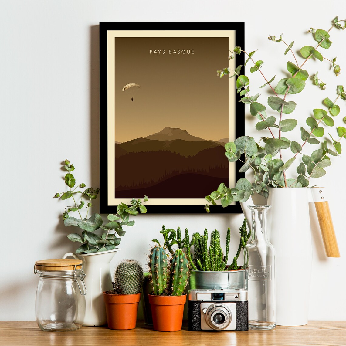 Pays Basque Paraglider Over Mountains In Sepia Travel Poster - Image 3