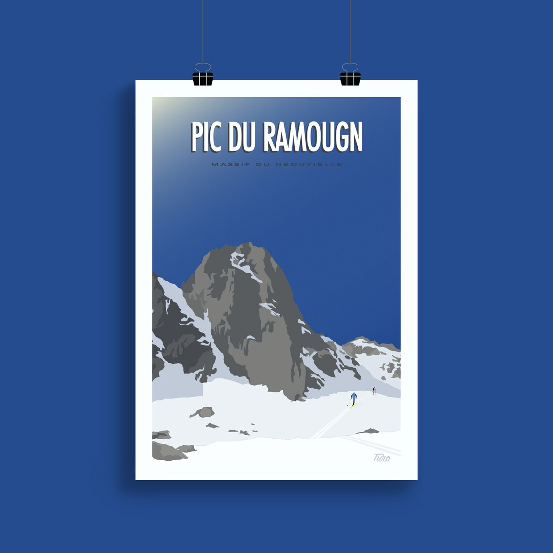 Pic du Ramougn Neouvielle Massif Skiers Blue Sky Travel Poster - Image 2