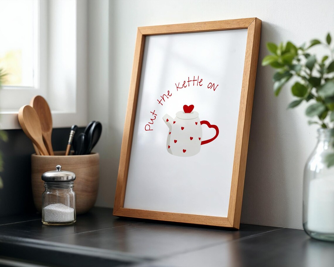 Put the Kettle On Cute Red Heart Teapot Kitchen Quote Poster