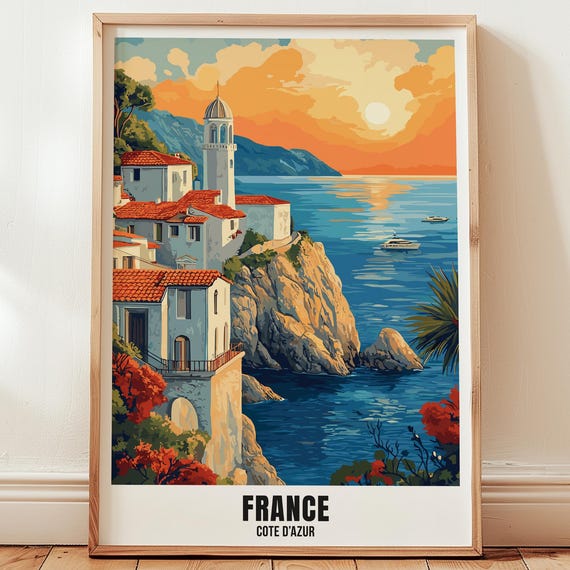 France Cote Dazur Travel Poster Wall Art Illustration Print