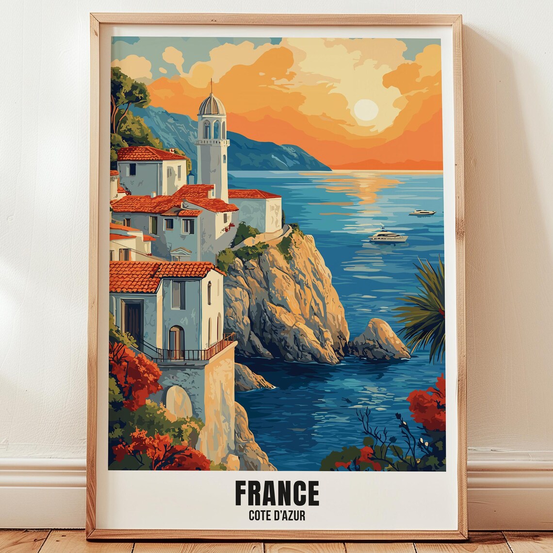 French Riviera Cote dAzur Cliffside Village Sunset Travel Poster