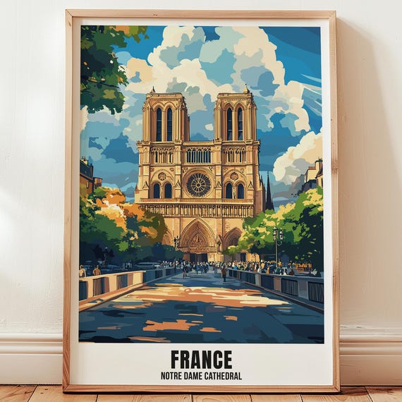 France Notre Dame Cathedral Travel Poster Wall Art Illustration Print