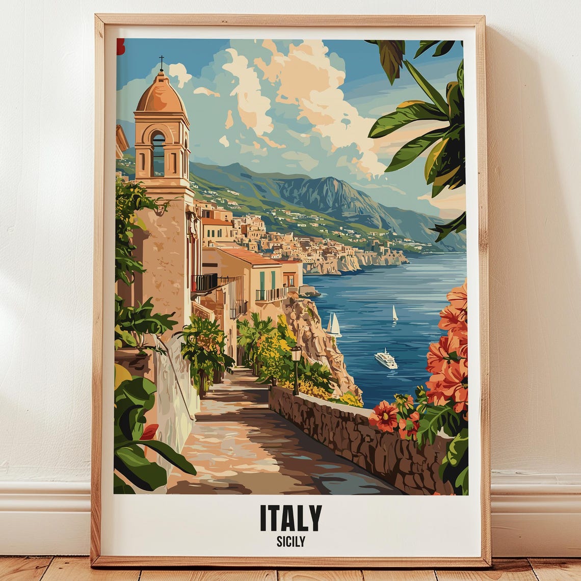 Italy Sicily Travel Poster Wall Art Illustration Print