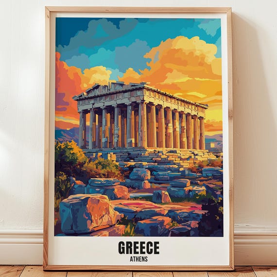 Greece Athens Travel Poster Wall Art Illustration Print