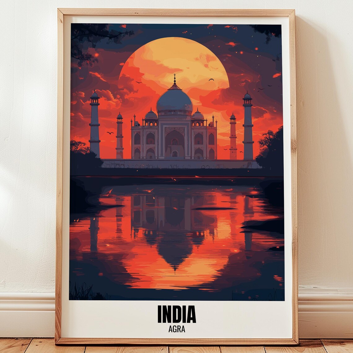India Taj Mahal Sunset Moon Reflection Vintage Travel Poster