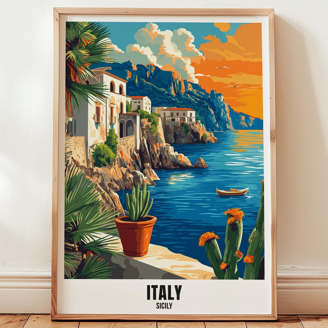 Italy Sicily Travel Poster Wall Art Illustration Print