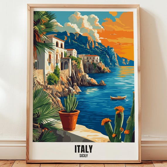 Italy Sicily Travel Poster Wall Art Illustration Print