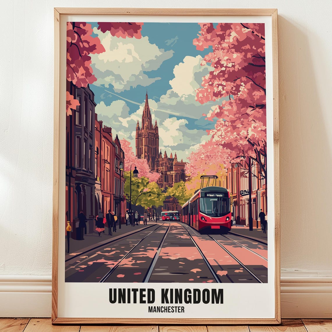United Kingdom Manchester Travel Poster Fountain Wall Art Illustration Print