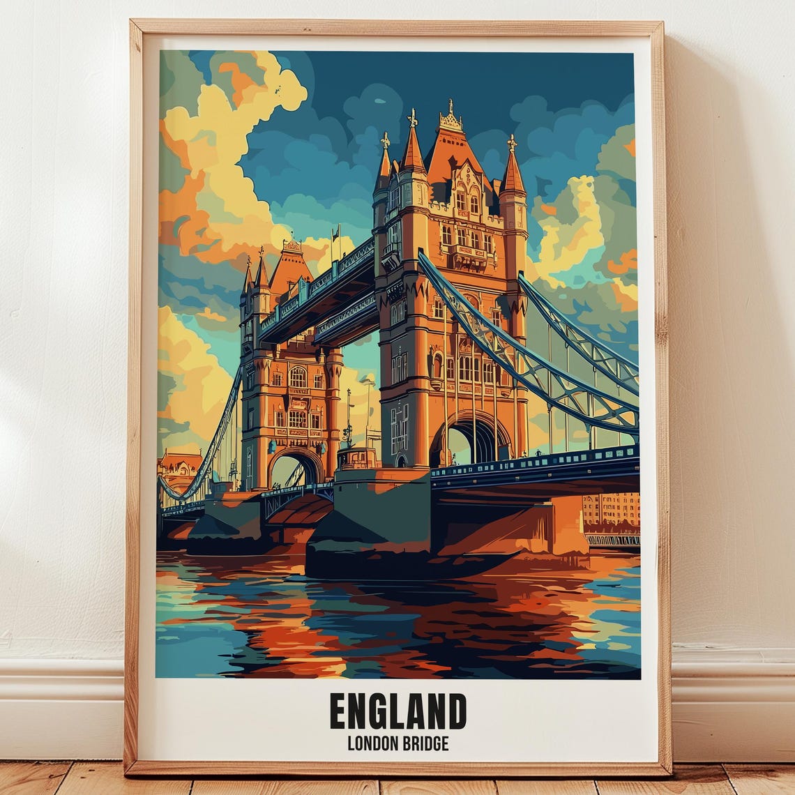 England London Bridge Travel Poster Fountain Wall Art Illustration Print