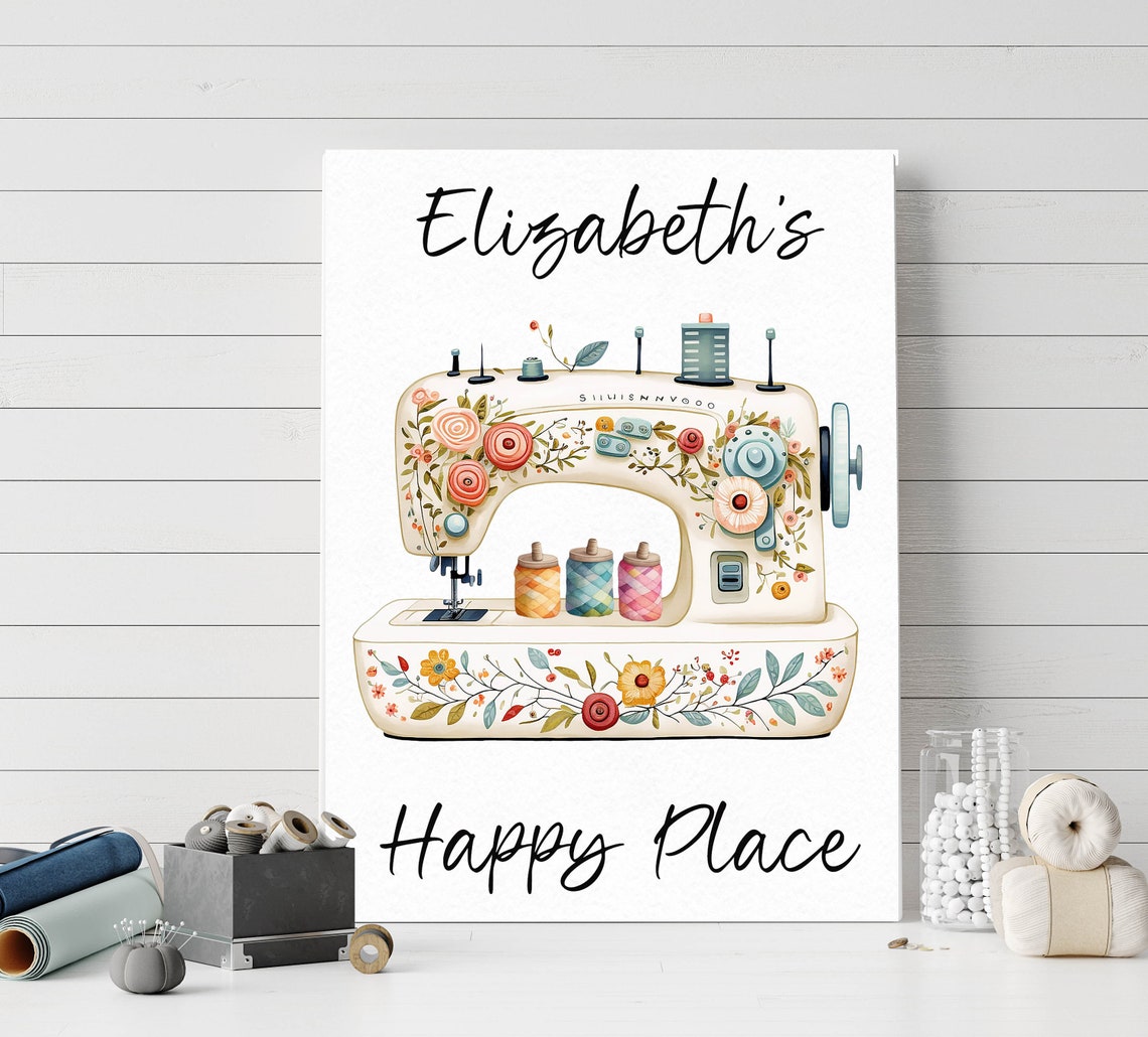Elizabeths Happy Place Floral Sewing Machine Craft Room Wall Art