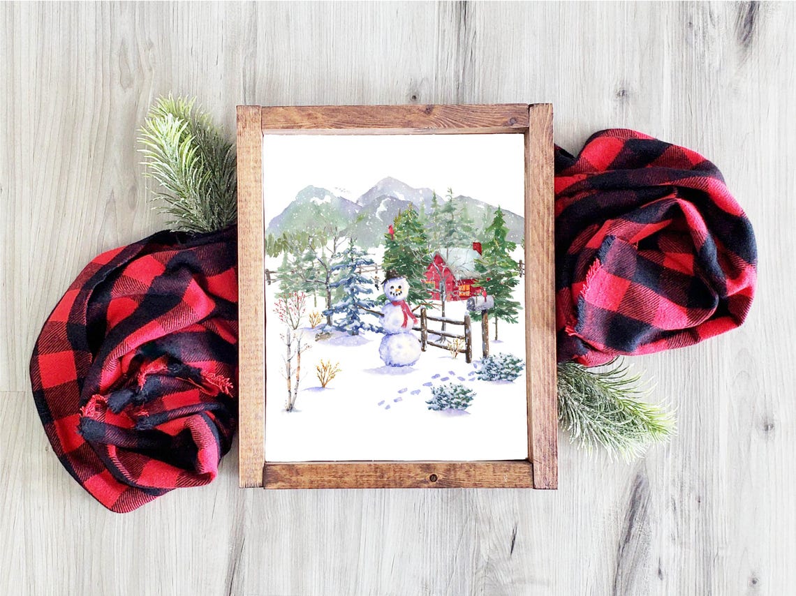 Winter Snowman Wall Art Woodland Snowman Sign 5x7 8x10 85x11 11x14 16x20 Seasonal Watercolor Country Decor Diy Home Decor - Image 5