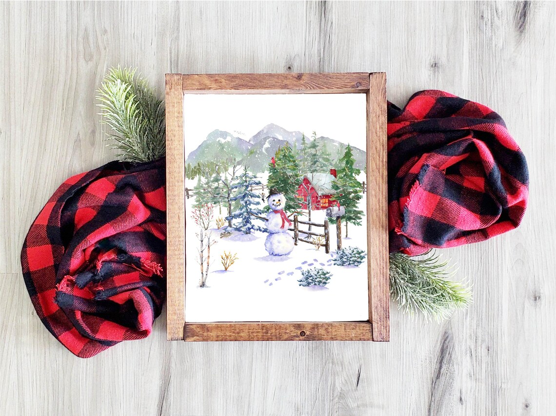 Winter Woodland Snowman Mountain Cabin Cardinal Watercolor Poster - Image 5