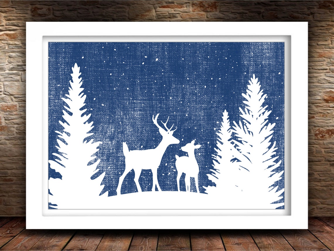 Deer Silhouettes Among Pines White On Navy Winter Snow Scene Poster - Image 2