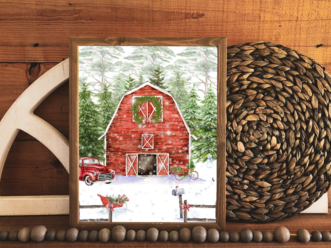 Red Barn Christmas Wreath Snowy Farm Vintage Truck Holiday Poster - Image 3