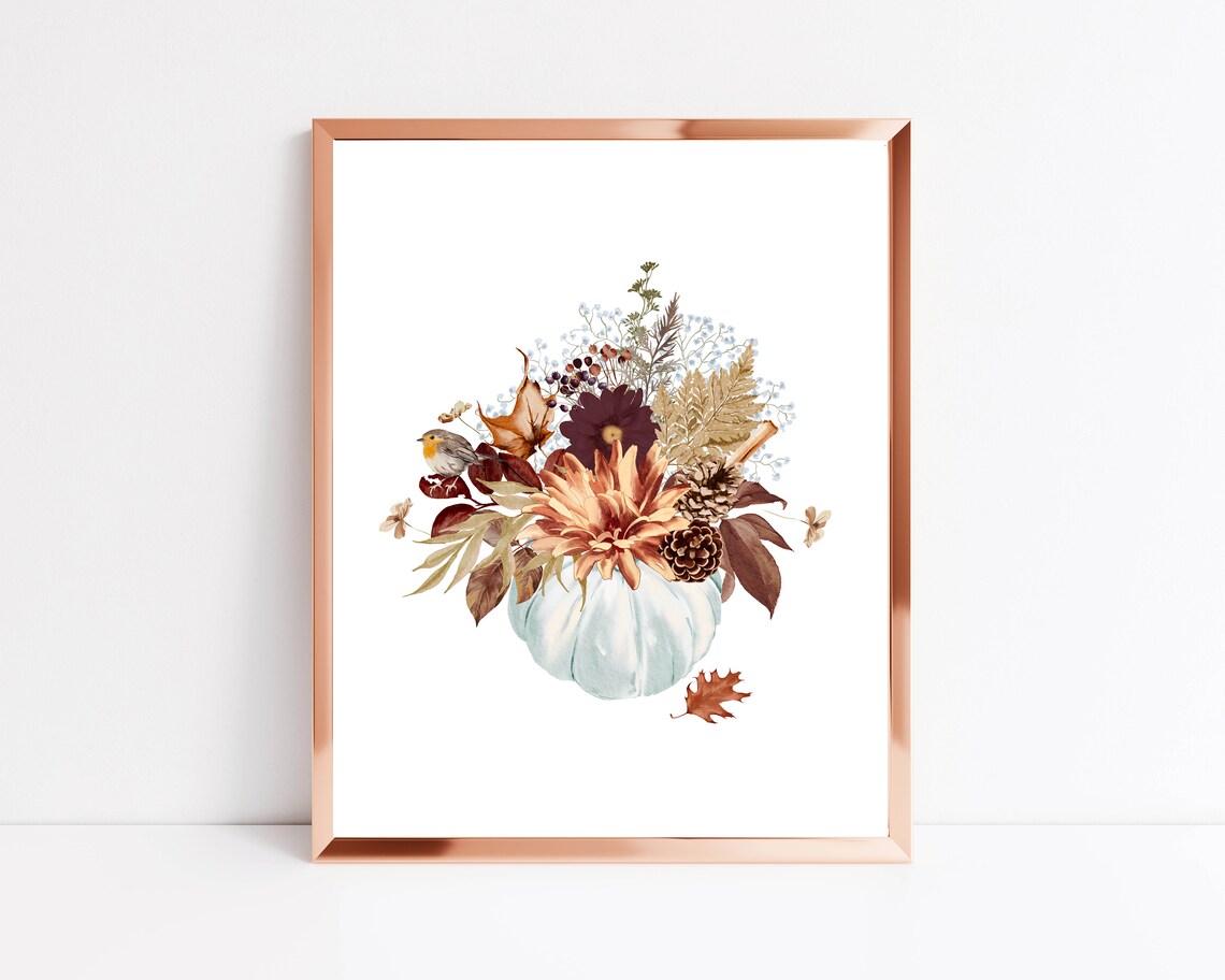 Pumpkin Bouquet Fall Florals Bird Watercolor Harvest Art Print - Image 2
