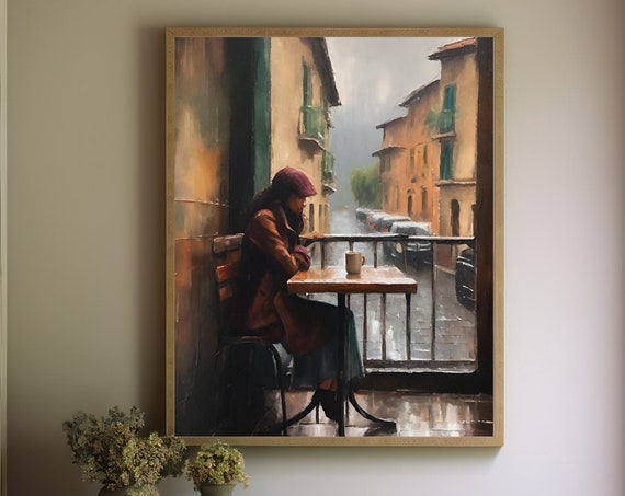 Coffee Shop Vintage Art Print Woman Portrait Painting Moody Aesthetic Art