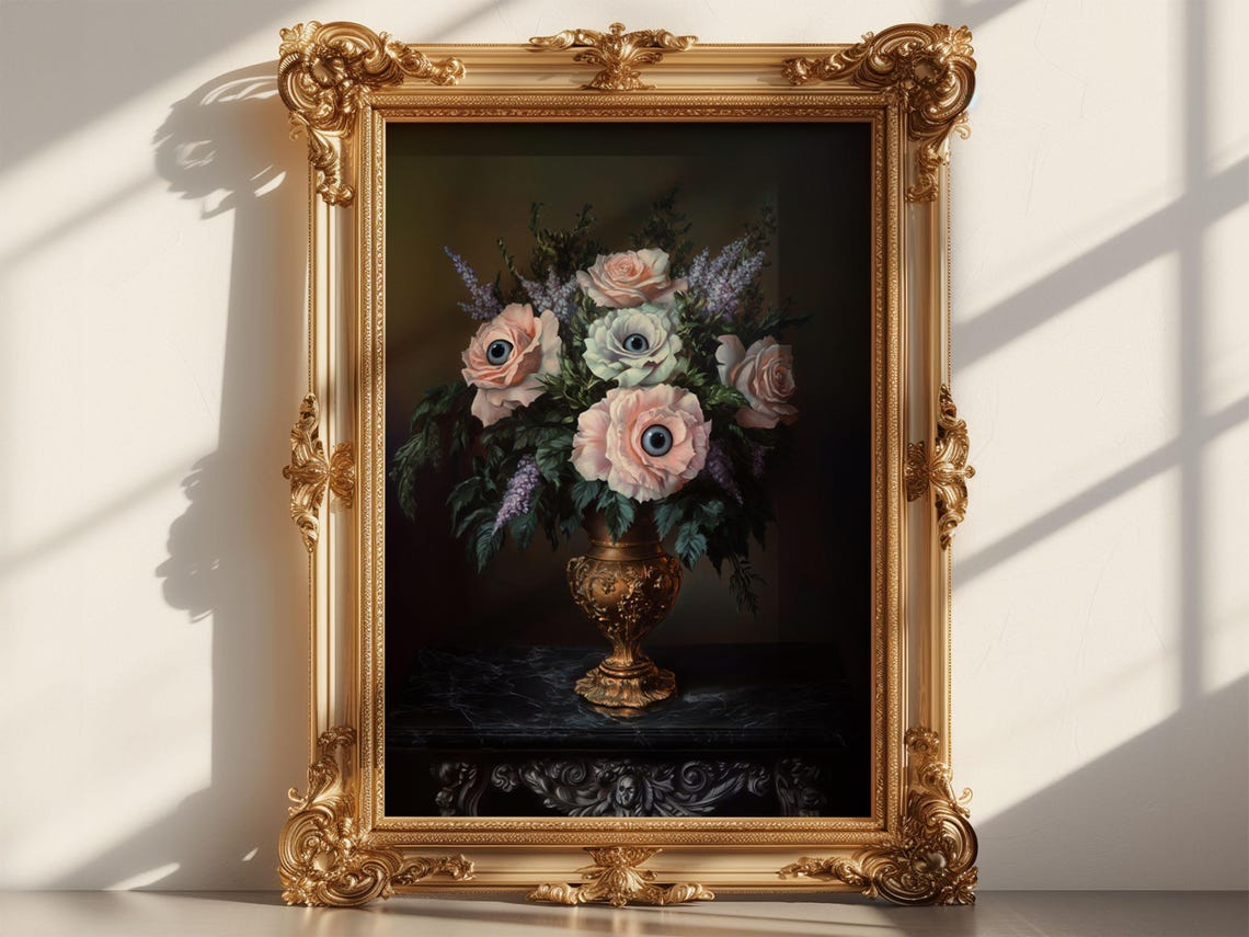 Dark Academia Art Print Moody Flower Eye Halloween Gothic Floral Poster Eye Cottagecore Roses Wall Art Oil Painting Art Print - Image 6
