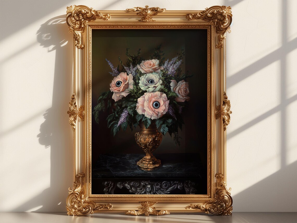 Surreal Eyeball Roses Bouquet Gold Vase Gothic Halloween Poster - Image 6