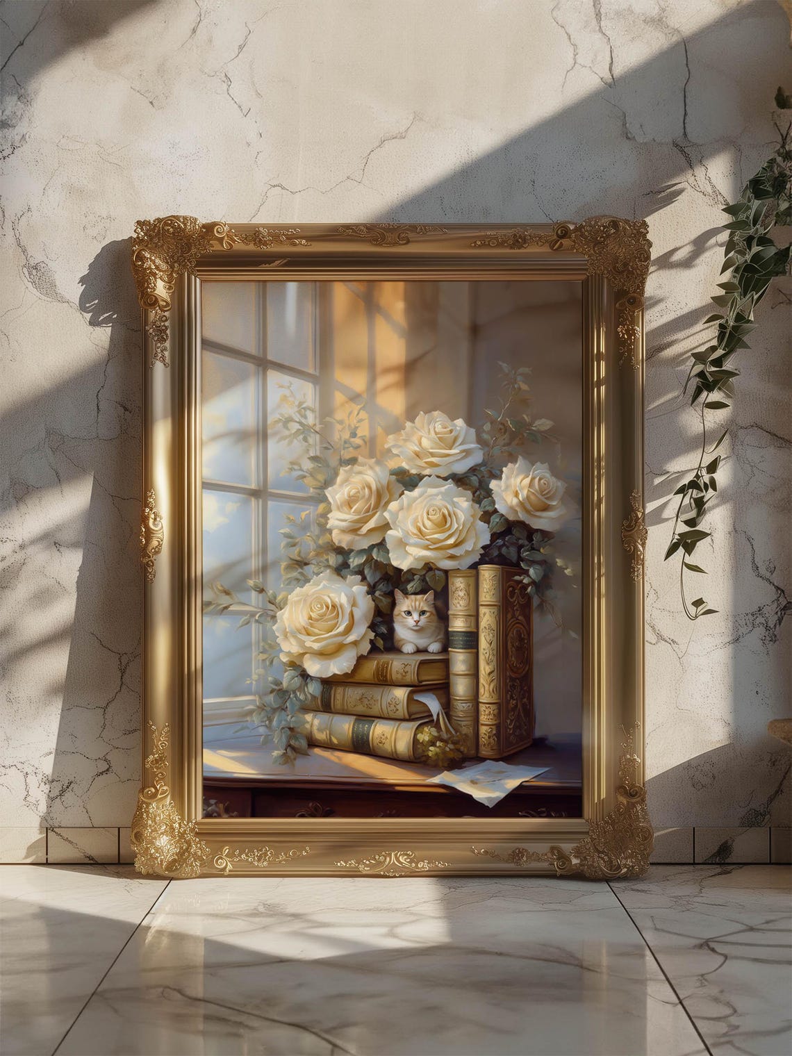 Cream Cat Among White Roses and Vintage Books Library Art Print - Image 7