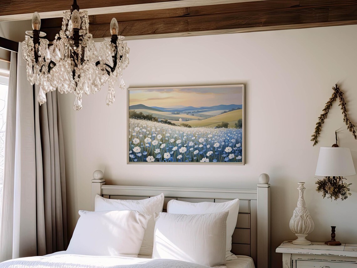 Blue and White Wildflower Meadow Sunset Hillside Country Art Print - Image 7