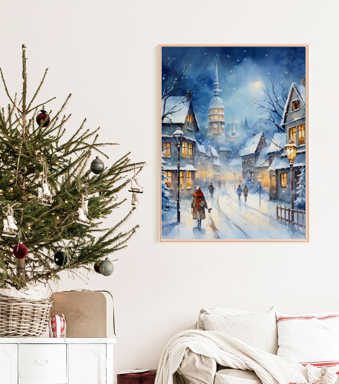 Blue Christmas Town Clock Tower Snowy Night Watercolor Art Print - Image 7