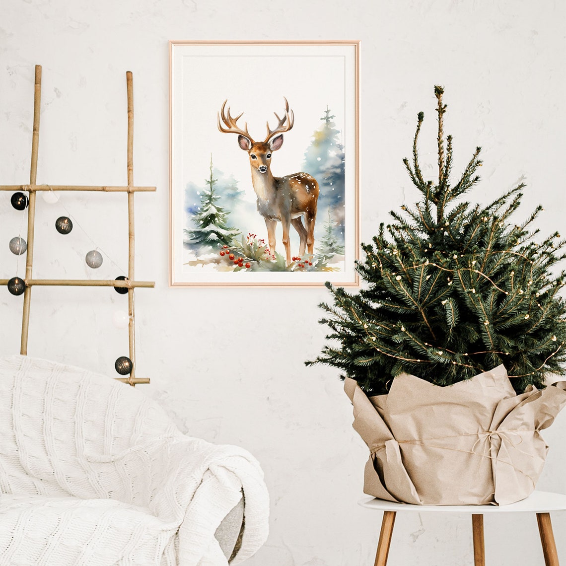 Watercolor Deer Antlers Snowy Forest Red Berries Winter Poster - Image 6