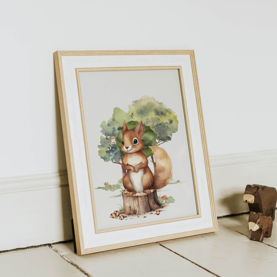 Red Squirrel On Tree Stump Watercolor Woodland Nursery Animal Poster - Image 3