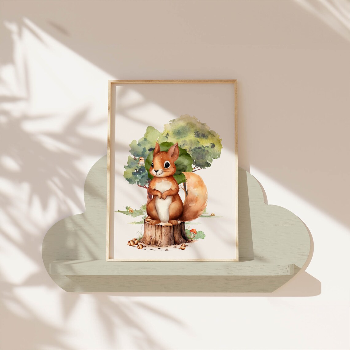 Red Squirrel On Tree Stump Watercolor Woodland Nursery Animal Poster - Image 7