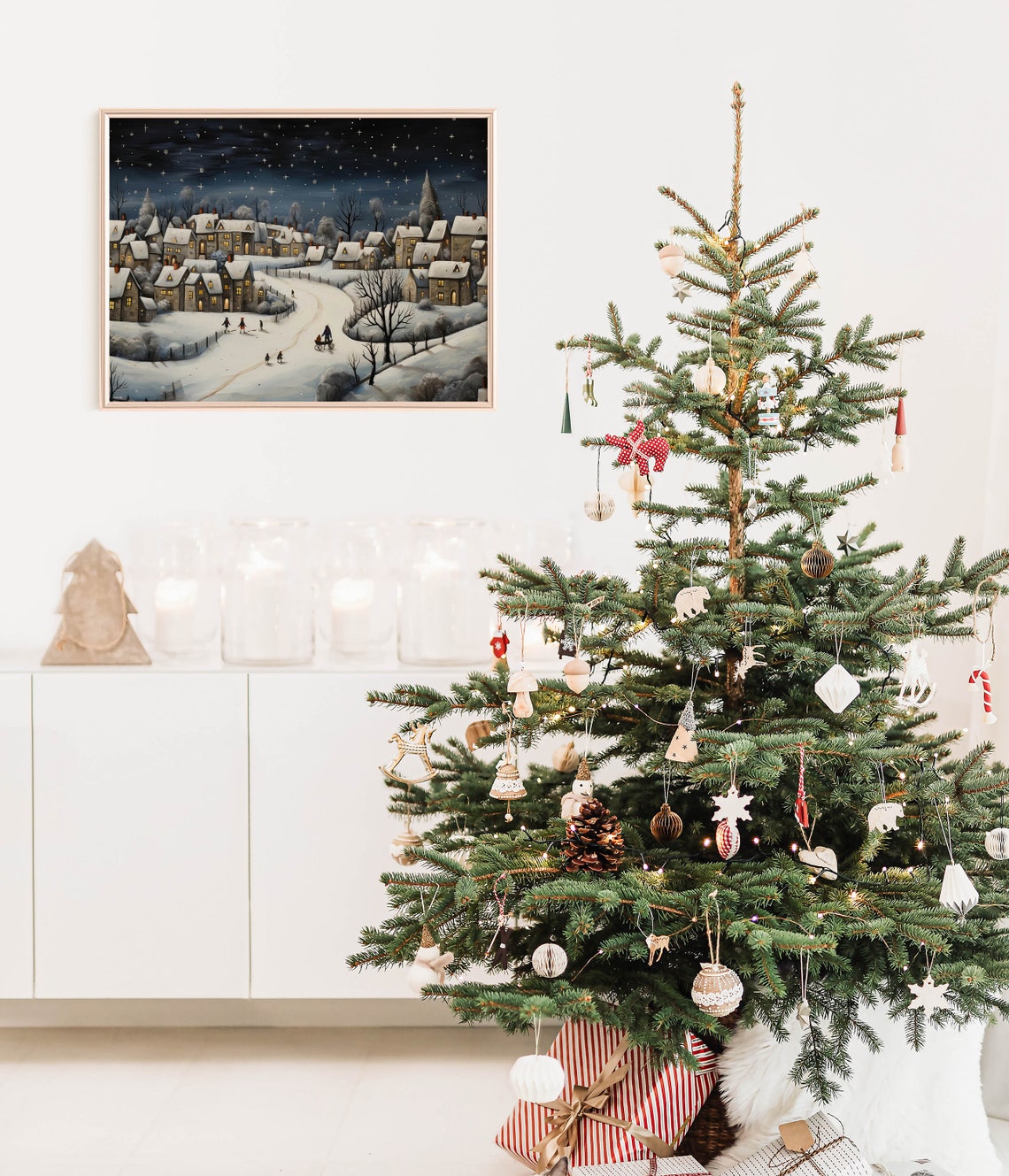 Vintage Christmas Village Wall Art Vintage Christmas Winter Night Wall Art Antique Style Christmas Decor Xmas Town Painting Xmasv1 - Image 3