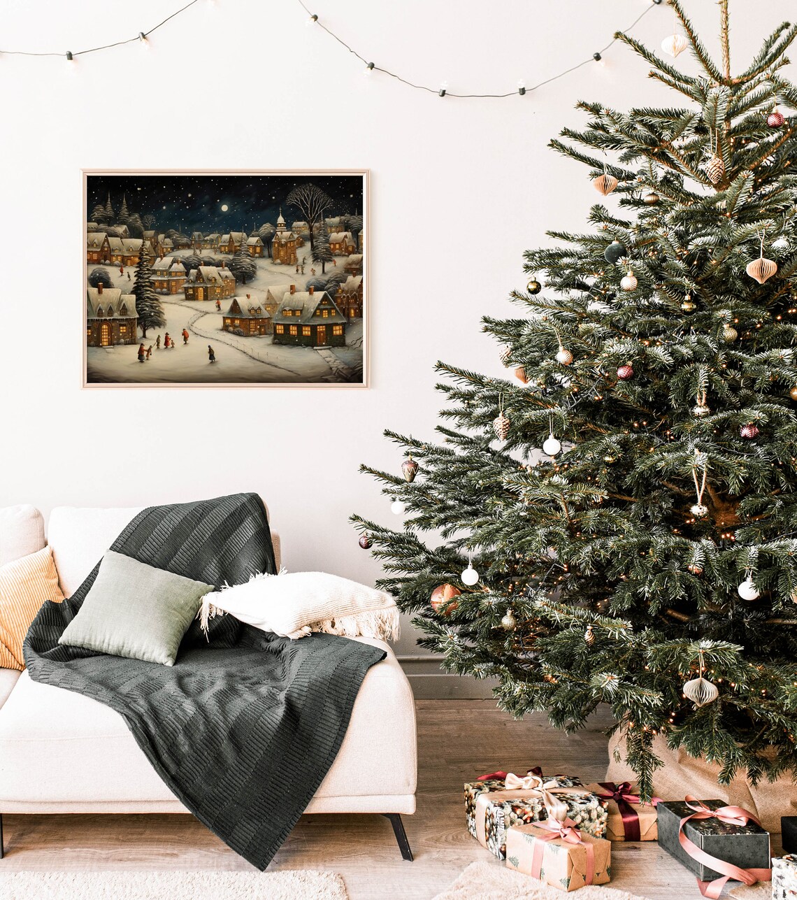 Vintage Christmas Village Snowy Night Moonlight Holiday Poster - Image 3