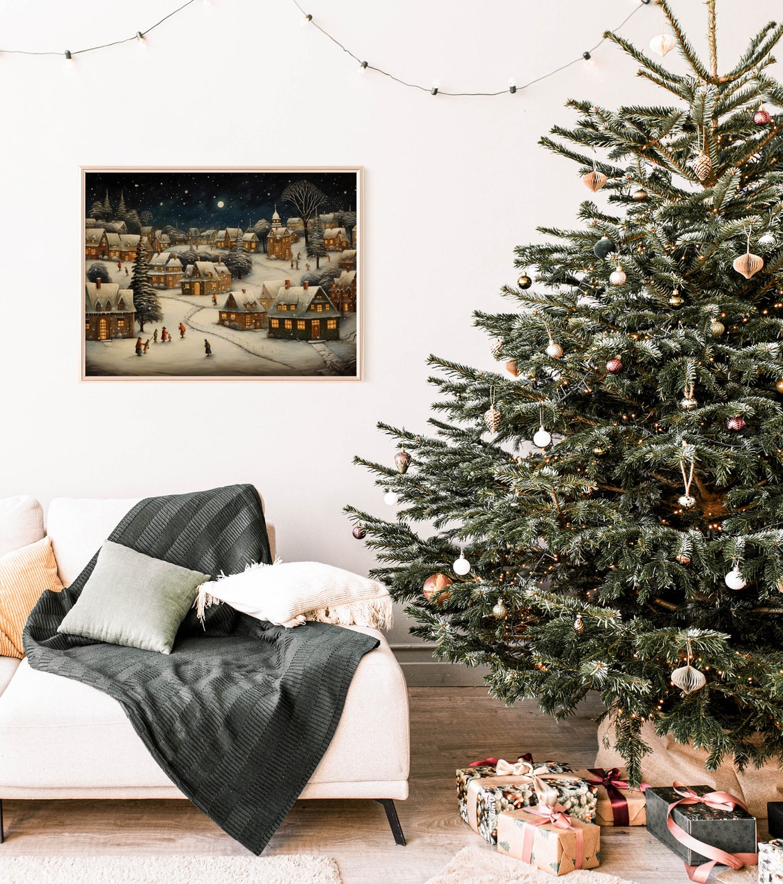Vintage Christmas Village Wall Art Vintage Christmas Winter Night Wall Art Farmhouse Christmas Decor Snowy Town Painting Xmasv1 - Image 3