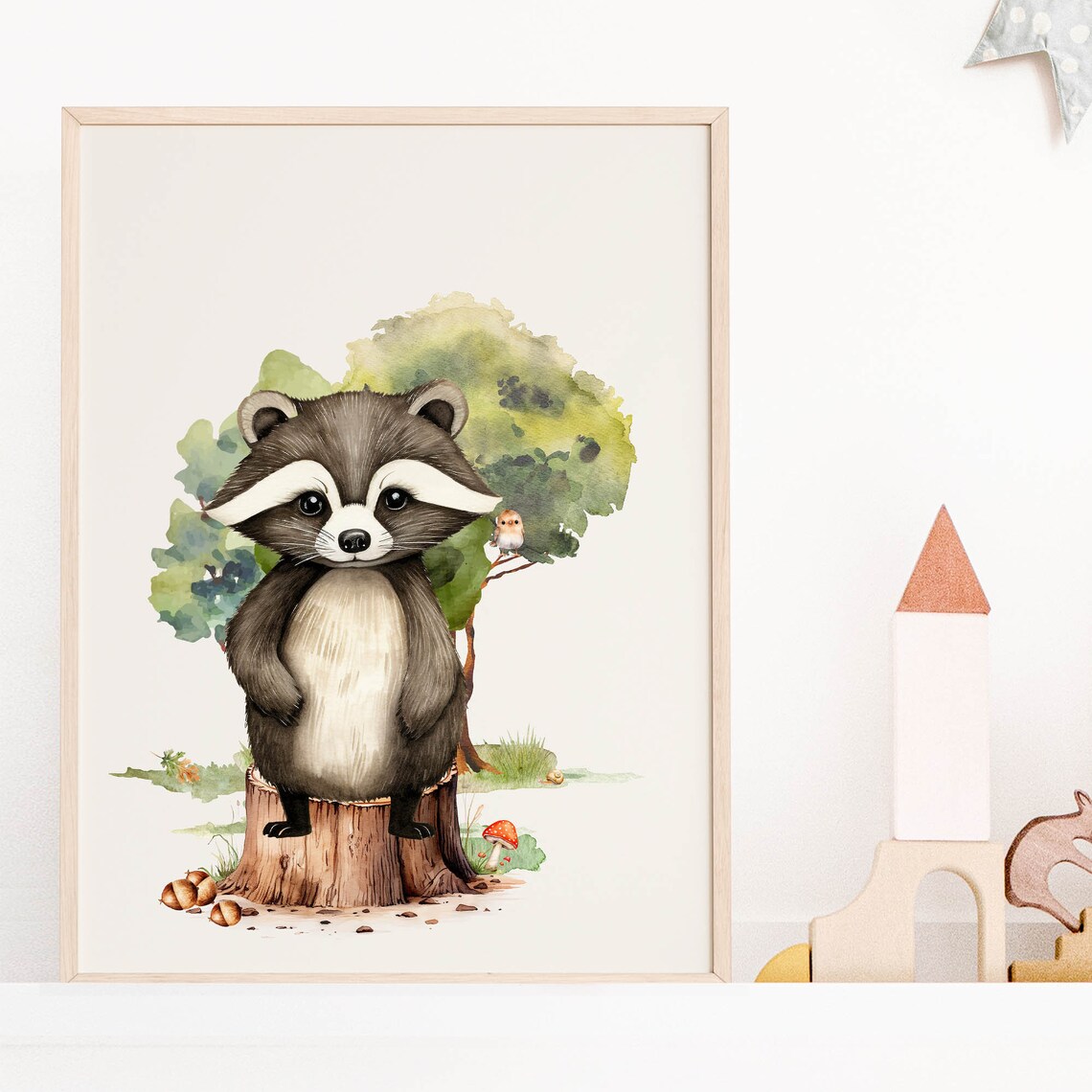 Baby Raccoon Tree Stump Watercolor Forest Nursery Animal Poster - Image 8
