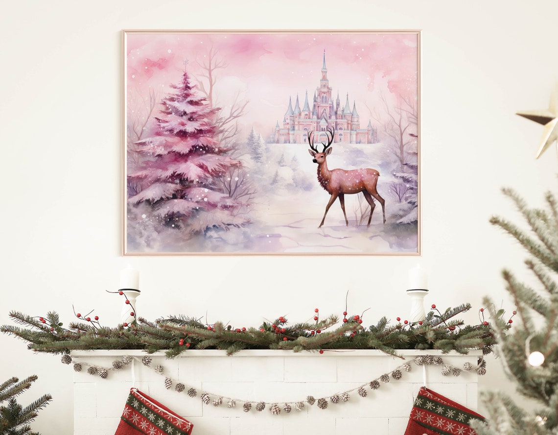 Pink Christmas Reindeer Castle Watercolor Dreamy Holiday Art Print - Image 7