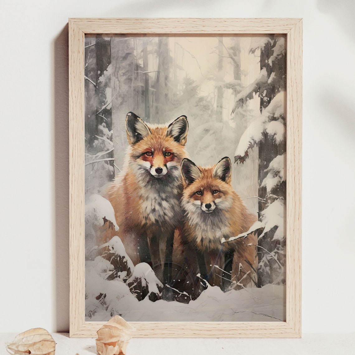 Two Red Foxes in a Snowy Pine Forest Vintage Wildlife Painting Poster - Image 8