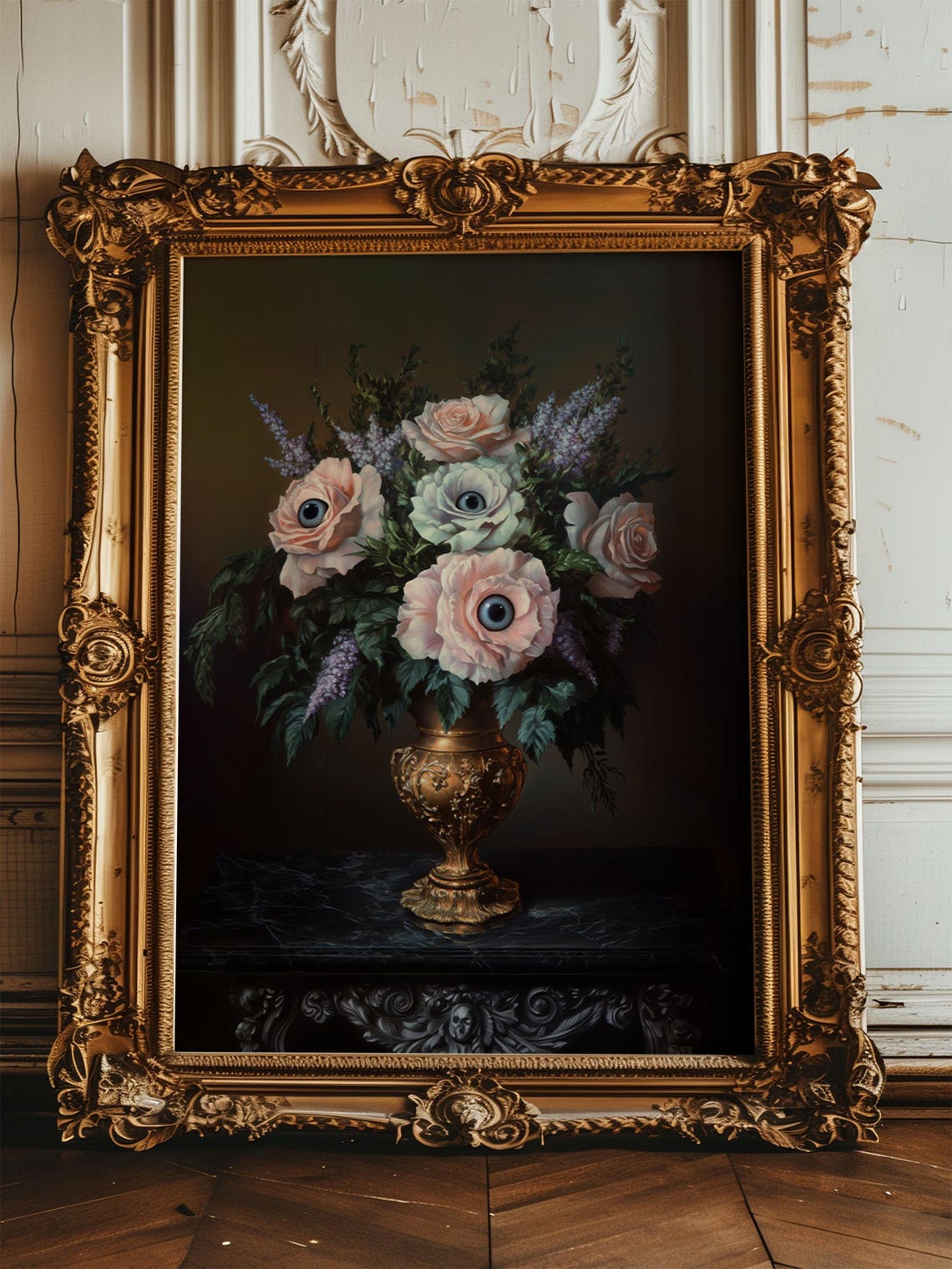 Surreal Eyeball Roses Bouquet Gold Vase Gothic Halloween Poster - Image 4