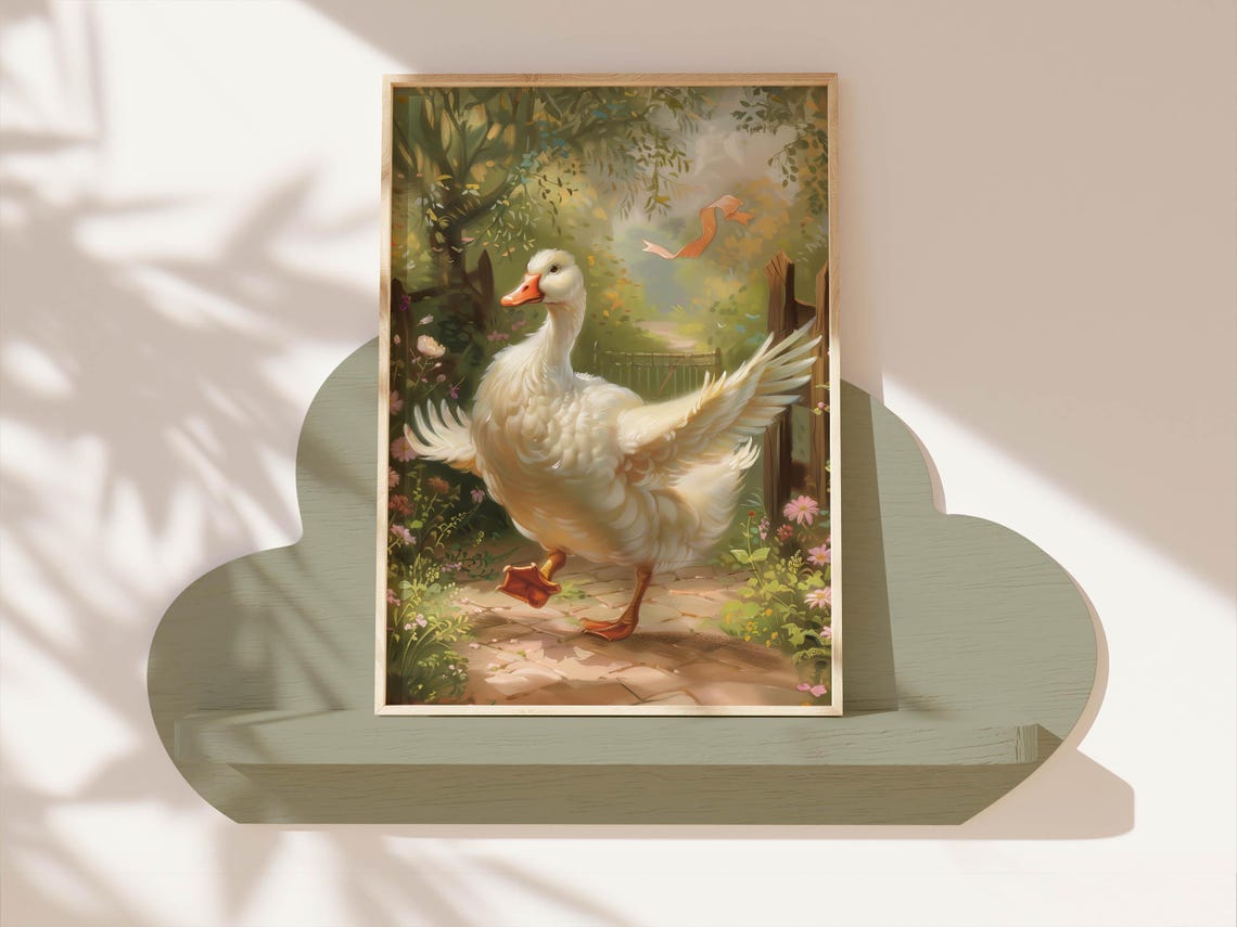 Silly White Goose Strutting Flower Garden Path Whimsical Kids Poster - Image 7