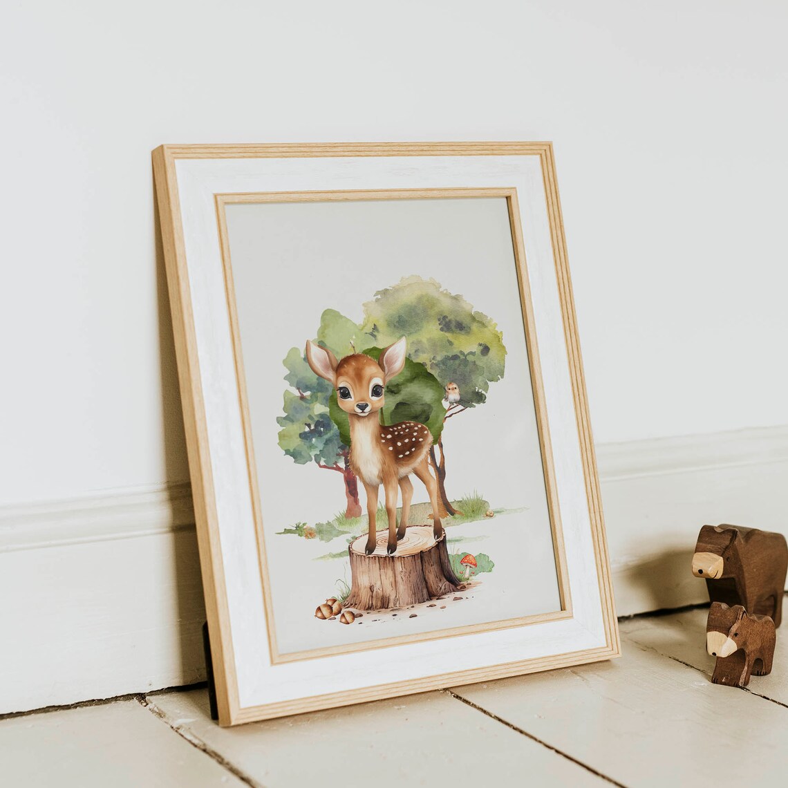 Spotted Baby Fawn Tree Stump Watercolor Woodland Nursery Poster - Image 2