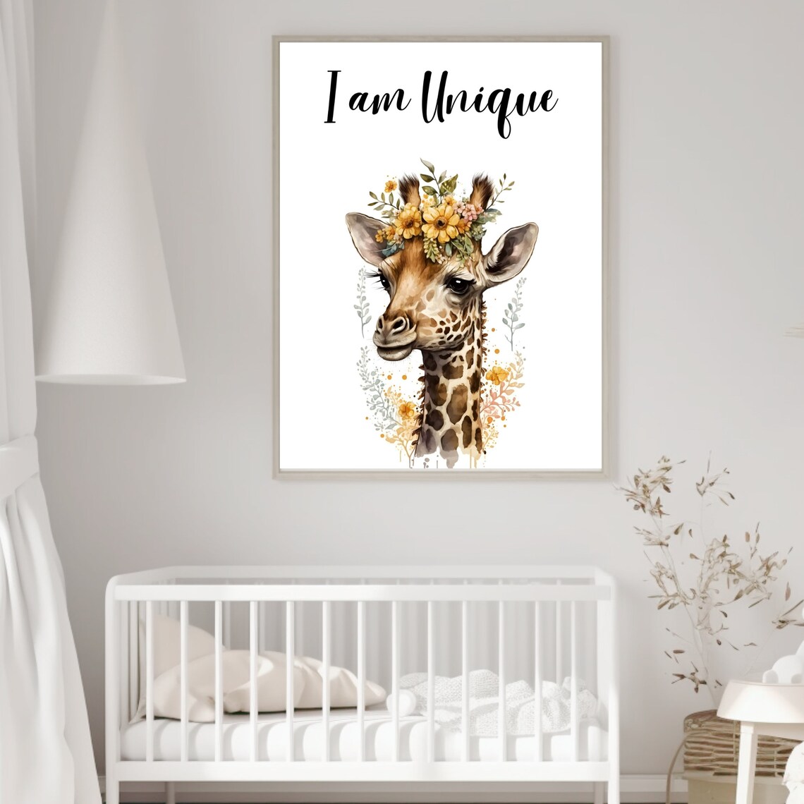I Am Unique Giraffe Watercolor Flower Crown Nursery Kids Poster - Image 7
