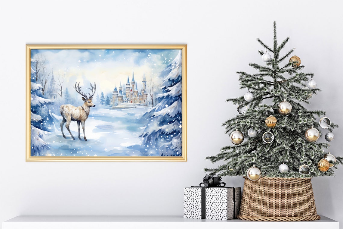 Winter Deer Castle Snowy Blue Christmas Watercolor Art Print - Image 8